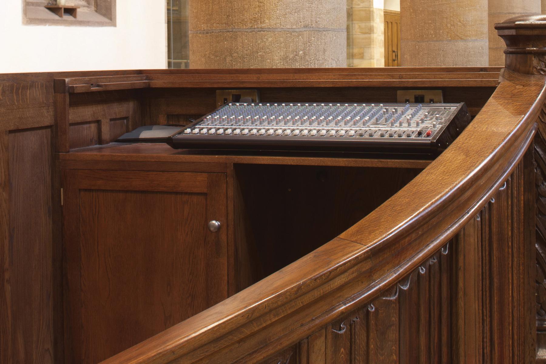 St Chad's Headingley, audio visual desk in converted pulpit